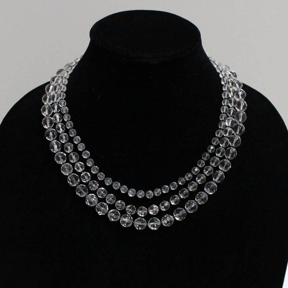Older Express 3 Strand or Multi Layer Clear Facet Bead Lobster Clasp Necklace